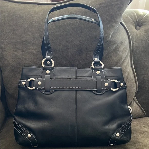 Coach Black Leather Shoulder Bag with Silver Accents